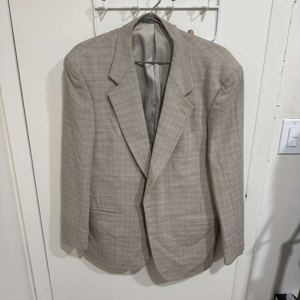 S.T. Dupont Paris Sport Coat Beige Jacket Windowpane Check Wool 54R 44R